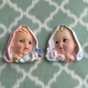 1965 Vintage Ucagco Japan ceramic hand painted Baby Wall Plaques - Pink and Blue